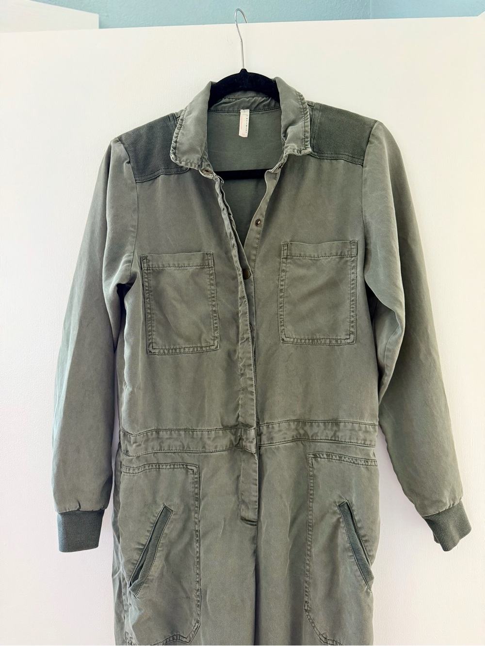 FP Movement Free People Tencel Utility Jumpsuit Coveralls Olive Green Snap Front